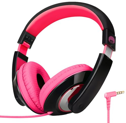 RockPapa Comfort Kinder Kopfhörer für Schule Jungen, Kopfhörer Kinder mit Kabel, Einstellbar, Stereo Sound, 3,5 mm Jack, Over Ear Kinderkopfhörer für Schule/Reise/PC, Schwarz Rosa