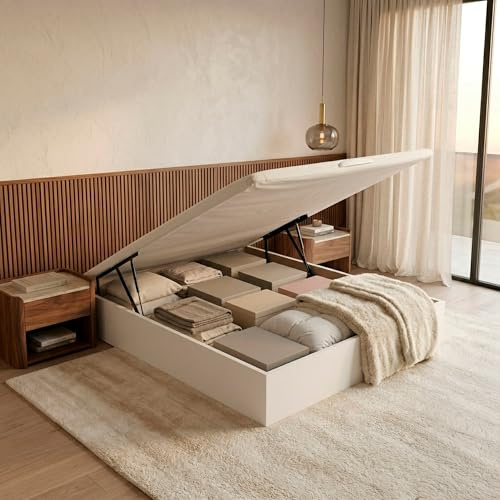 ROYAL SLEEP Canapé Abatible de Madera | 135x190 | Montaje y Retirada de Usado Incluido | Gran Capacidad | Tapa 3D Transpirable | 32 cm | Color Blanco | Space Bed