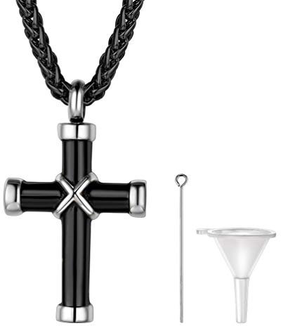 PROSTEEL Collier Urne Croix Acier Noir Pendentif Cendre Homme Chaîne 55cm Offerte Bijou Funéraire Tendance Accessoire Religieux de Crémation Commémoration Souvenir