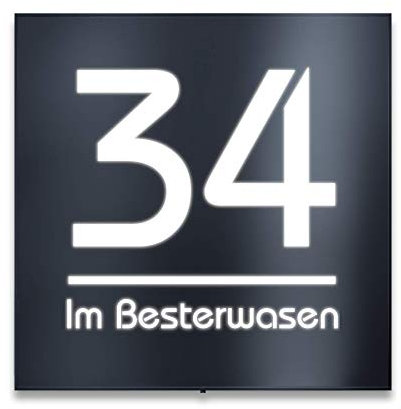 Metzler Hausnummer Edelstahl mit LED Beleuchtung, individuelles Hausnummernschild in Anthrazit RAL 7016, Hausnummer beleuchtet LED, modernes Design, Größe: 20 x 20 cm (Straßenname unten)