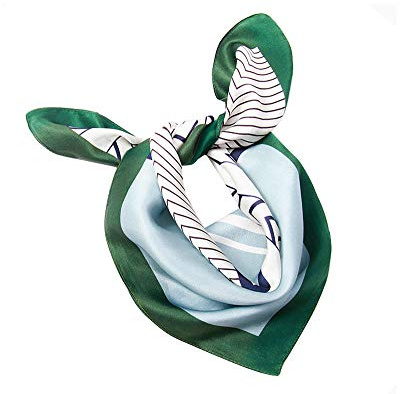 MEISEE Pure Natural Mulberry Silk Scarfs Women Small Square Scarf 21 x 21 Breathable Lightweight Neckerchief Printed Headscarf (Blue and white + green edge)