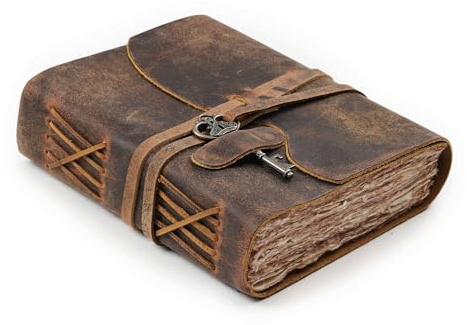 LEATHER VILLAGE Vintage Leather Journal – 200 Handmade Vintage Deckle Edge Paper – Leather bound Journal For Women Men – Vintage Key Closure - Book of Shadows - Cappuccino Brown - 6X4 inches (A6)