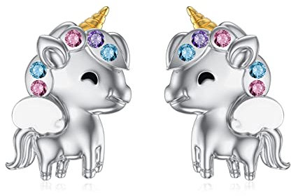 Pendientes de unicornio para niña, plata de ley 925, arco iris, cristal, unicornio, joya para el día del niño, regalo para niñas, mujeres, hijas, Plata de ley, Crystal