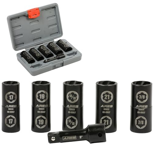 ARES 59035-1/2-Inch Drive 6pc Standard Hex and Damaged Lug Nut Flip Socket Set – Removes Damaged and Stripped Lug Nuts – 17mm, 19mm (3/4”), 21mm, 13/16”, and 7/8” Sockets with 3-Inch Extension