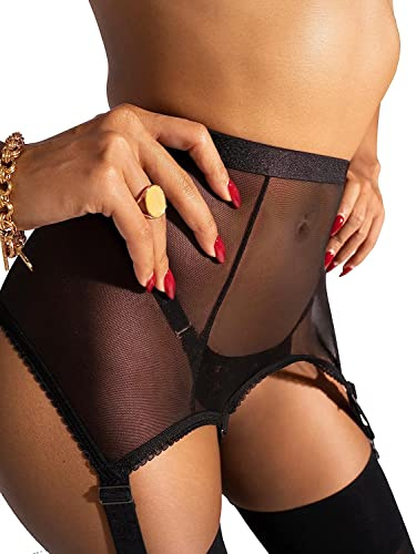 VicSec Women's Transparent Sexy Suspender Garter Belt with 4 Adjustable Clips G-String, High Waisted Suspender Belt Lace See Through Lingerie for Stockings Garters (Black)
