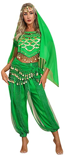 YiZYiF 4 delar Dam magdans kostym topp haremsbyxor huvudduk höftduk indiska danskläder belly dans karneval uppträdande kläder grön en storlek
