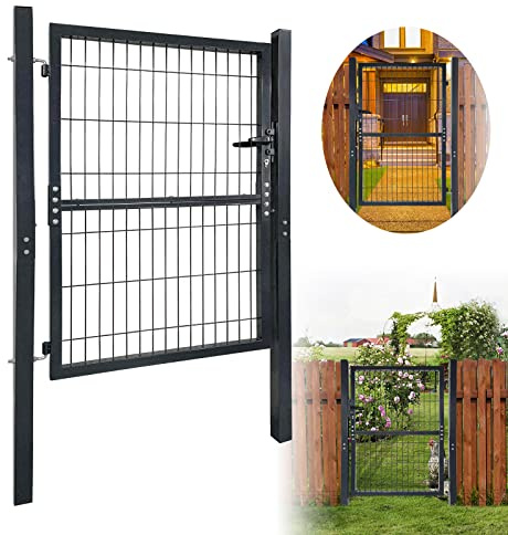 JOIEYOU Cancello da giardino in metallo zincato per porta da giardino, rete metallica esterna con maniglia per porta, serratura e chiave per giardino, cortile, terrazza, cortile, porta di recinzione,
