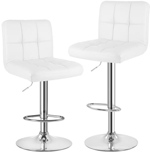 bigzzia Barhocker 2er Set, Barhocker mit Lehne, Höhenverstellbar, PU-Leder Gepolsterter Barstuhl mit Rückenlehne und Fußstütze, 360° Drehbar, für Küche, Theke, Bar (Weiß)