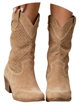 tinbarry Bottes de cowboy pour femmes demi-bottes en daim bottes occidentales hautes bottes pointues à talons bas bottes mi-longues en daim perforé chaussures pour femmes bottes longues