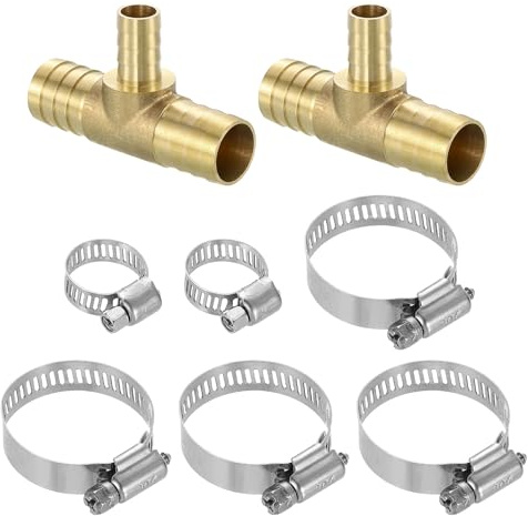 QUARKZMAN 2 Stück Messing Schlauchverbinder Schlauchstutzen, 3-Wege-T-Stück Wasseranschluss 3/4 x 1/2 x 3/4 Reduzierstück mit 6 Stück Schlauchschellen für Wasser Kraftstoff Luft
