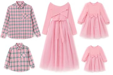 PATPAT Familien Outfit Set Langarm - Partnerlook Mutter Tochter Kleid,Mama Kind Kleider Prinzessin Festlich,Eltern Kind Outfit,Family Matching Passende Outfits,Herbst & Frühling-Mädchen:9-10 Jahre