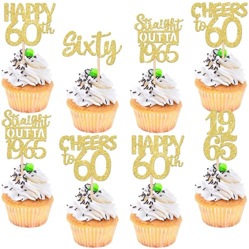 SYKYCTCY 30 Pack Happy 60th Birthday Cupcake Toppers Straight Outta 1966 Sixty Awesome Since 1966 Cupcake Picks 60 Fabulous Cake Decorations for 60th Birthday Anniversary Party Gold