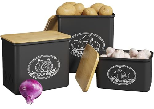 Lifewit Rangement Pomme de Terre Lot de 3, Grande Boite Oignons Ail Echalottes avec Couvercle et Des Trous de Ventilation, Boîtes de Legumes Rangement Cuisine en Plastique Empilables, Noir