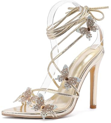 Générique Escarpins À Lacets Pour Femmes, Sandales À Lanières À Bout Ouvert Et Pointu, Chaussures De Soirée Habillées À Strass Papillon