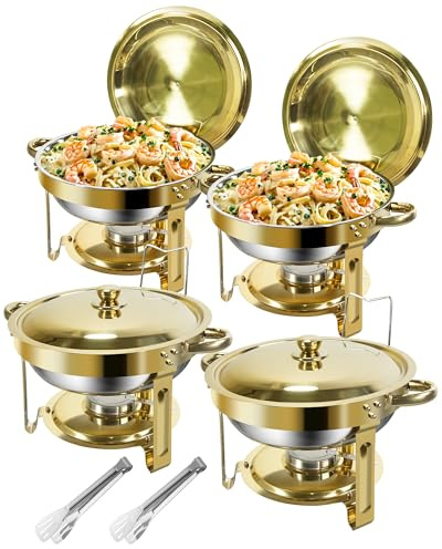 WENMILY Rund Chafing Dish Buffet Set 5L[Robust und hochwertig],4pcs Edelstahl Warmhaltebehälter [Elegante Gold und Silberfarben] Speisenwärmer für Catering Buffet und Party(Rollrand-Design)