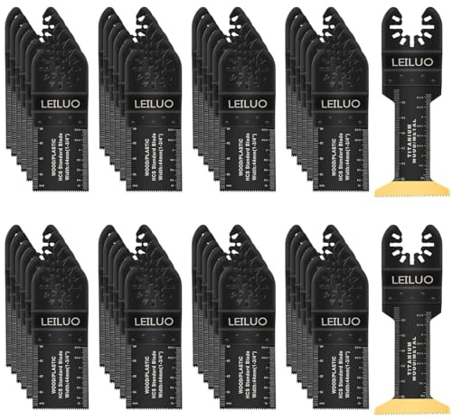 LEILUO 50 Pcs Titanium Multitool Blades Set Extra Long Oscillating Tool Blades with Storage Bag Universal Fit Cutting Accessories for Wood Nails Drywall PVC Trim Home Renovation