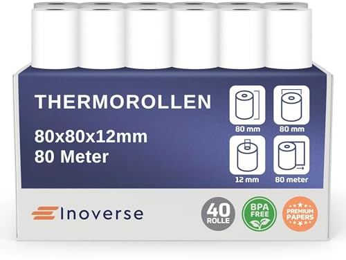 Inoverse 40 rullar EC-Cash termopappersrullar 80 mm x 80 mm x 12 mm 80 m - kvittorullar termopapper BPA-fritt kompatibelt med kvittskrivare kassasystem EC-enhet bankomat