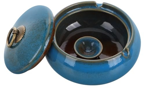 Veemoon Cenicero de Cerámica Grande con Tapa Cortavientos Esmaltado en Azul Kilns Bandeja Profunda para Sala y Oficina Cenicero para Exterior y Decoración Moderna