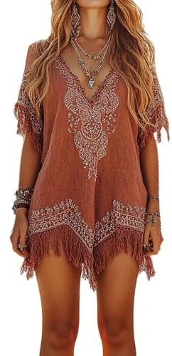 Lovraj Vestido de lino para mujer, vestido de verano con flecos, minivestido de manga corta, vestido de verano para vacaciones, playa, vestido de ocio ligero con cuello en V, rojo, L