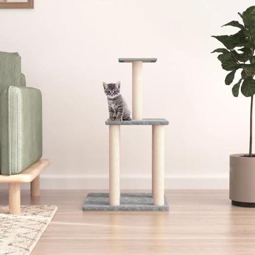 Tiragraffi con colonne in sisal, grigio chiaro, 85,5 cm, torre per gatti multilivello, con superfici di appoggio, morbido peluche, istinto di graffio, arrampicata