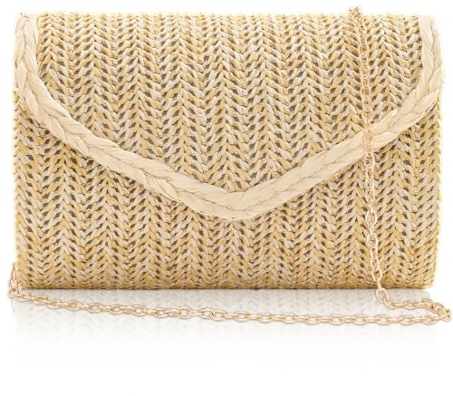 Toptime Straw Clutch Purses for Women, Summer Beach Evening Bag with Detachable Golden Chain, Elegant Envelope Handbags with Straw Trim Design, Boho Woven Crossbody Bag for Wedding Vacation Party Prom