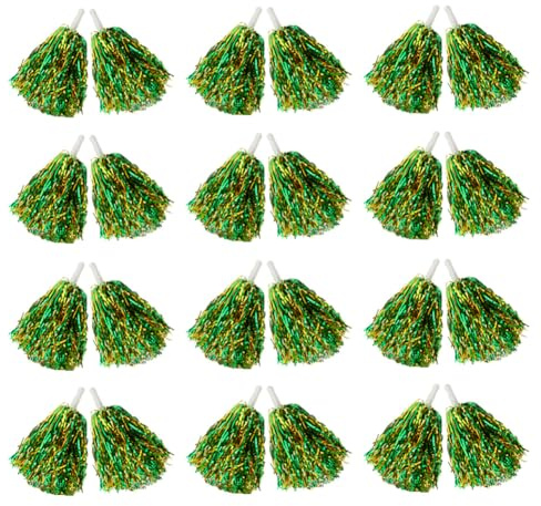 Hooshing 12PCS Pom Poms Cheerleading Metallic Foil Green and Gold Cheer Pom Poms with Plastic Handles for Rooters Cheering Squard Team Spirit Sports Party