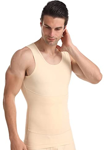 Vphancy Camiseta Reductora Hombre Compresión, Camisetas Interiores Tirantes, Fajas Moldeadora Adelgazantes - Alta Elasticidad para Comprimir Pecho Abdomen y Cintura (Beige, 3XL)