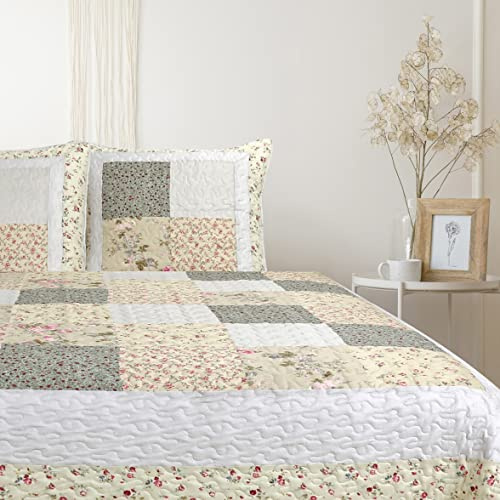 Autrefois Mimosa Lin Boutis Patchwork 230 x 250 cm con 2 fundas de almohada de 65 x 65 cm, Edredón Colcha Acolchada para 2 personas, Manta de Flores