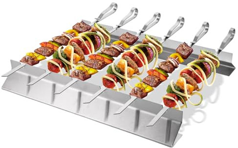 AKOLAFE Lot de 6 brochettes de barbecue en acier inoxydable - Robuste - Avec support de barbecue - 43 x 2,5 x 10 cm - Accessoires de barbecue - Brochettes à viande - Brochettes à brochettes pour la