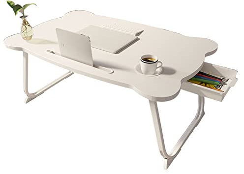 Bärbar Laptop Sängbord med Låda, 60x40x28cm Laptop Skrivbord för Säng & Soffa, Frukost Säng Bricka Laptop Lap Desk, Hopfällbar Kaffebricka (vit björn 60 * 40 * 28 cm)