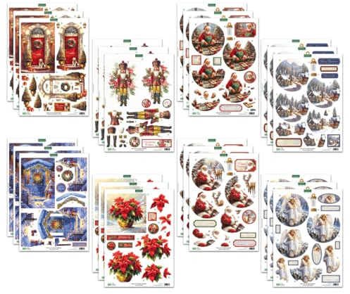 Katy Sue Joyful Christmas 3D Die-Cut Decoupage Pack. 24 Pre-Cut Festive Die Cut Decoupage Paper Sheets for Christmas Card Making Supplies Featuriing 8 Different Designs