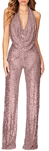 Foweknow Combinaison à paillettes pour femme - Col en V - Longue - Paillettes - Taille haute - Combishort festif - Combinaison d'été - Costume de carnaval pour fête à thème - Carnaval, or, S