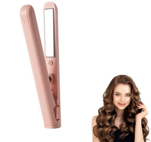 Cozy Home 2-in-1 Mini Curling Iron and Flat Iron - Portable Travel Hair Straightener Wand for All Hair Types (Pink)