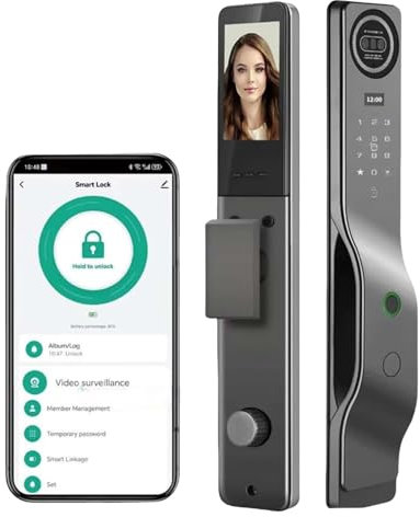 Iuscacey Cerradura de puerta inteligente con reconocimiento facial 3D y vena de la palma Cerradura inteligente digital Huella dactilar - Desbloqueo 7 en 1, intercomunicador de video HD,
