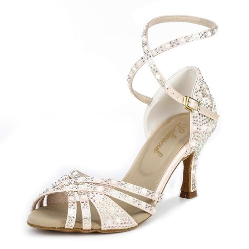 Latinsoul Y205-36 Women's Crystal Rhinestone Latin Dance High Heel Shoes - Stylish Adjustable Strap Design Comfortable Dance Shoes Colour Champagne,Size 5 UK/38 EU