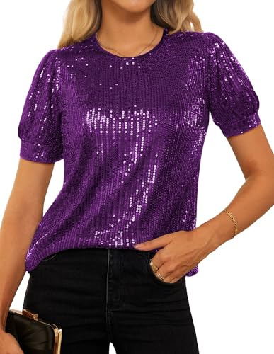 GRACE KARIN Women's Party Tops Cocktail Sequin Top Short Sleeve Glitter Shirt Round Neck Short Sleeves Dark Purple XL