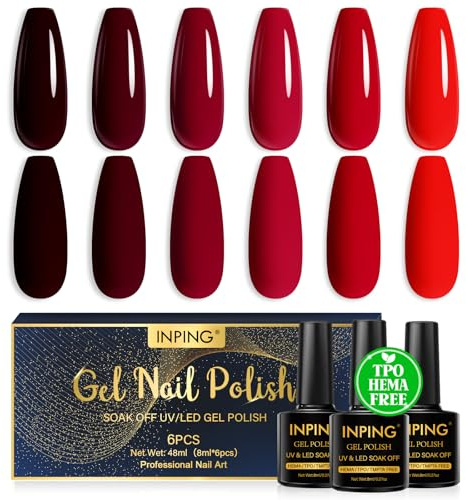 INPING Smalto Semipermante Unghie HEMA-FREE TPO-FREE, 6 Colori Rosso Bordeaux Rosso Series Kit Semipermanente Unghie, Gel Unghie Soak Off UV/LED DIY Nail Art Set, 8 ML