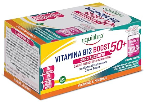 Equilibra Vitamina B12 Alto Dosata Uomo e Donna 50+, Integratore Zero Zuccheri, con Vitamine B1, B3 e B6, Zinco e Selenio, Gusto Frutti Rossi, Vegan, Senza Glutine, 15 Flaconcini Pronti da Bere