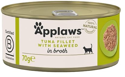 Applaws Natural Cat Food, Tuna Fillet with Seaweed, In Broth Tin, 70g (Pack of 24)