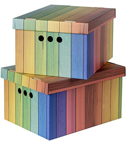 SOFTILLO Pack of 2 Decorative Storage Boxes With Lid - Home Office Bedroom Wardrobe Organiser for Multi-Use Storage - Large Rainbow Stylish Set