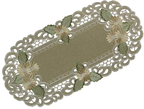Tischdecke Tischläufer Set Leinen-Optik Blumen Stickerei ca. 35x70 cm Oval Polyester, Grün-Beige
