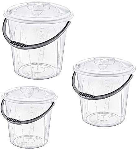 Clear Plastic Bucket with Lid & Carry Handle Kitchen Garden Cleaning Water Animal Bird Feed Pet Food Storage Container (Set of 3)