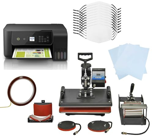 PixMax - Kit per Sublimazione Pressa a Caldo Termopressa Transfer - 5 in 1 & Stampante Sublimatica ECO Tank & 10 Mascherine Personalizzabili