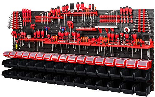 Werkzeugwand Lagersystem - 1728 x 780 mm - Lochwand SET mit Werkzeughaltern und Stapelboxen mit Deckel - Wandregal Werkstattregal Schüttenregal Sichtlagerkästen (Schwarz/Rot)