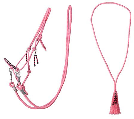 Knotenhalfter kombi Liberty mit Halsring | Geeignet für alle Pferde | Abnehmbare Zügel | Gebissloses Reiten | Zwei Karabinerhaken | Pflegeleicht (Shetty, Flamingo pink)