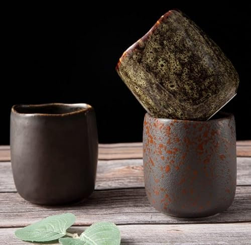 Töpferey Tazas sin asa: elegantes tazas de cerámica para café y té. Juego de 3 tazas de cerámica de 200 ml sin asa, cerámica, apto para lavavajillas, juego de vasos de cerámica, transparente, marrón