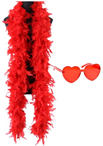db11, Boa di piume colorate da donna lungo 2 metri, per balli, matrimoni, feste, cosplay, Halloween, con occhiali da sole con lenti a forma di cuore senza montatura (rosso)