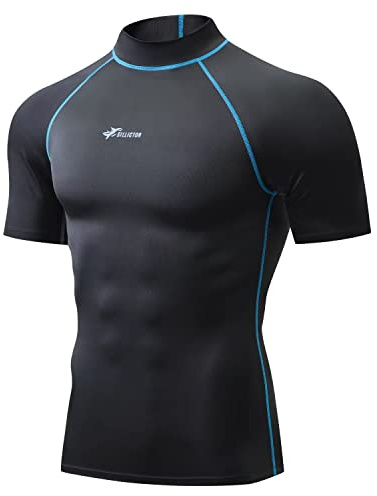 Sillitor Rash Vest Mens Short Sleeve Sun Protection Swimming Shirts for Men Compression Base Layer Mens Rash Guard for Surf Diving Wetsuit Cycling,Quick Dry High Wicking Breathable Black Blue M