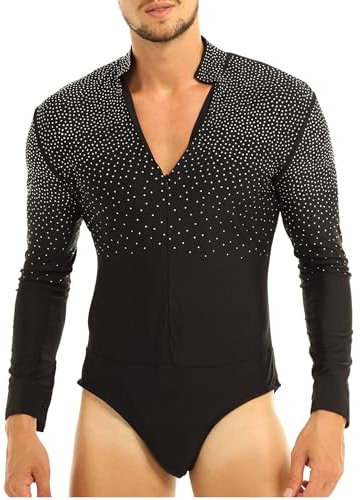 TTAO Herren Latein Hemd V-Ausschnitt Glitzer Body Einteiler mit Knöpfen im Schritt Trikot Tanz Kostüm Salsa Samba Chacha Moderne Tanz Shirts Schwarz M