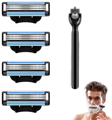 4Pcs Razor Blades Refills with 1 Handle Razors for Mach 3 Blades Replacement Blade with Double Lubrication Strip Compatible with Mach 3 Handles Shaving Manual Shaver Blade Men Father Boyfriend